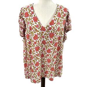 Cynthia Rowley Woman Floral V Neck Floral Blouse Double Ruffle Sleeve 2X EUC